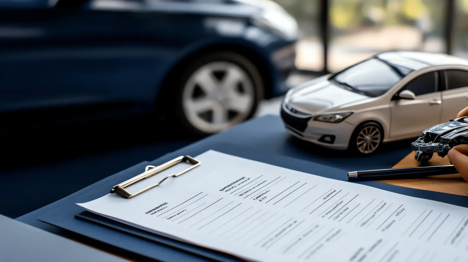 Autokauf- oder Leasingpapiere mit einem Spielzeugauto als Symbol für einen neuen Deal