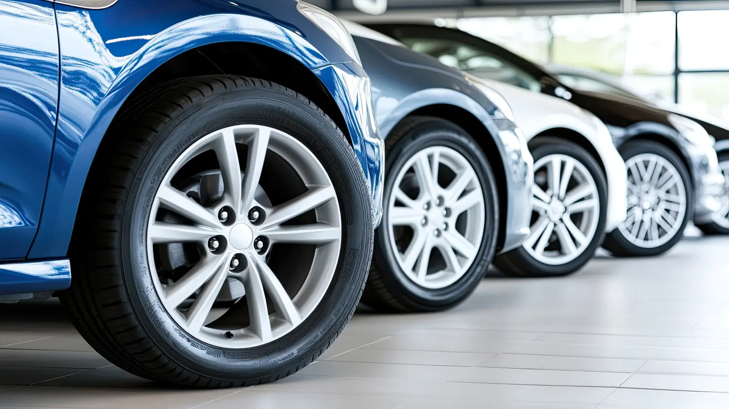 Fokussierte Reifen eines Autos stehen in einer Reihe